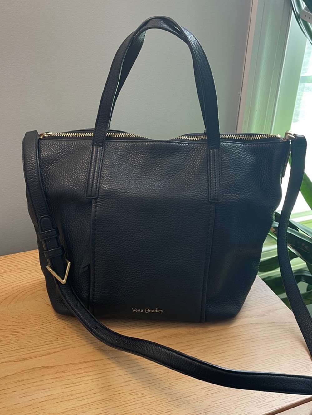 Vera Bradley Black Pebbled Leather Small Tote with Crossbody Strap